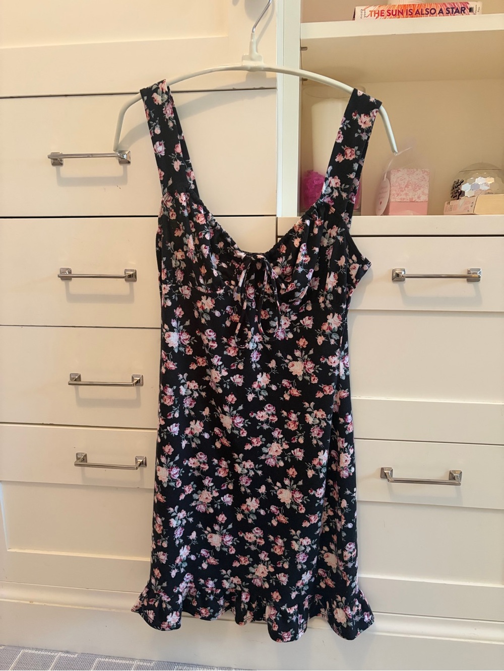 Reformation Black Floral Midi Dress with Pink Accents